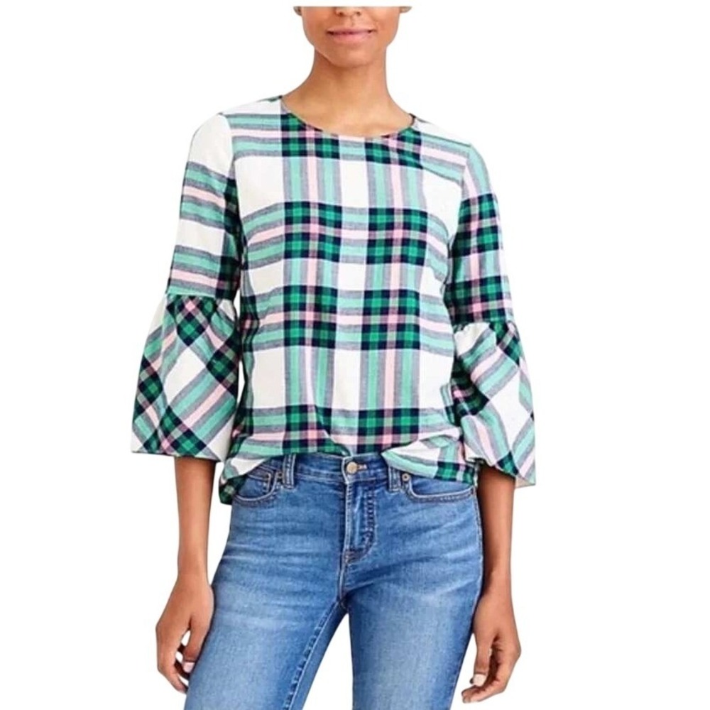 J.Crew Flannel Bell-Sleeve Top Green Pink Tartan Plaid Cotton 8 Preppy Holiday